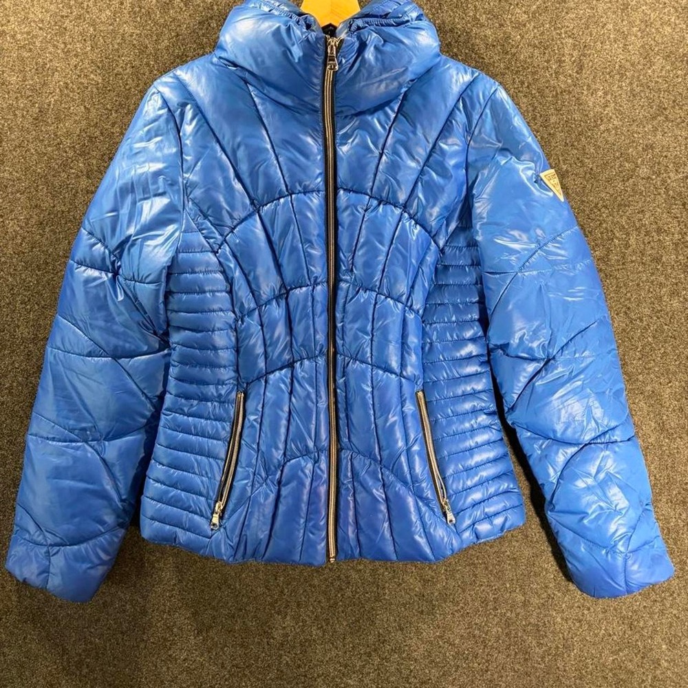 GUESS Blue Puffer Jacket Womens Small Quilted Winter Coat Y2K Streetwear
